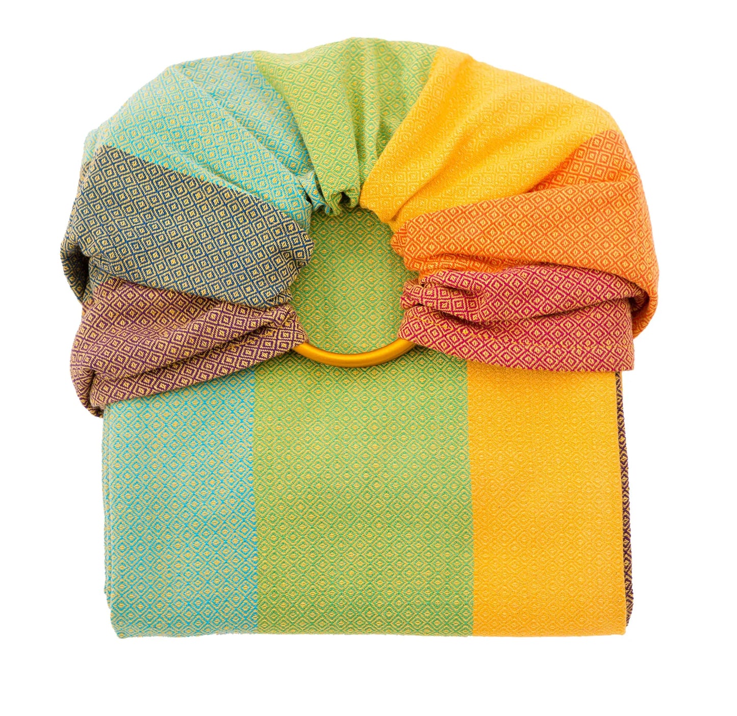 Warmer Schimmer und genialer Halt! Der handgewebte Ring Sling in den """"Gold Rainbow"""" Farben ist besonders griffig und ideal ab Geburt bis ins Kleinkindalter.""