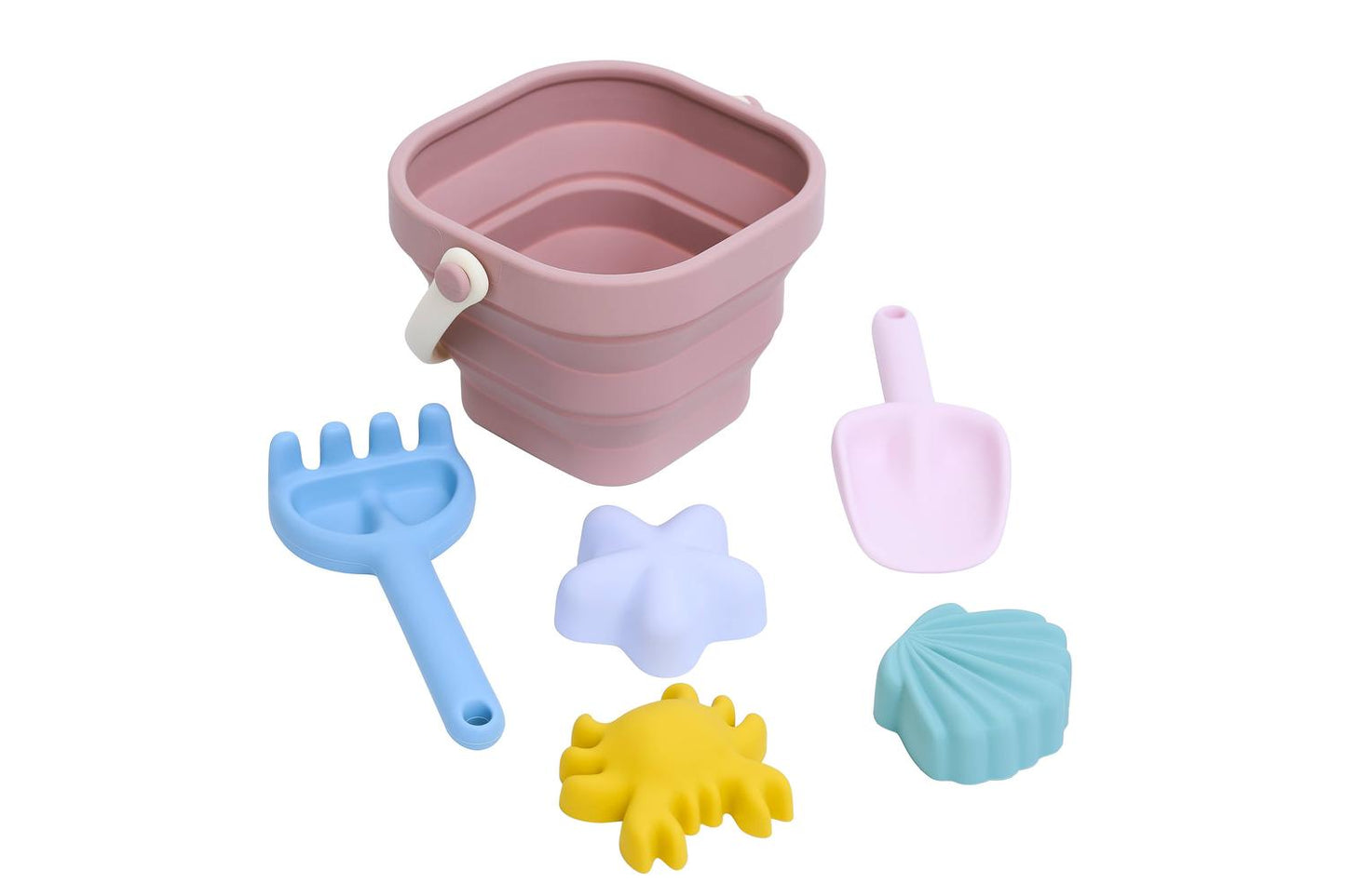 Unkaputtbarer Spielspaß für den Sandkasten! Das weiche Strandset aus 100% Silikon lässt sich platzsparend falten und ist sicher für kleine Hände.