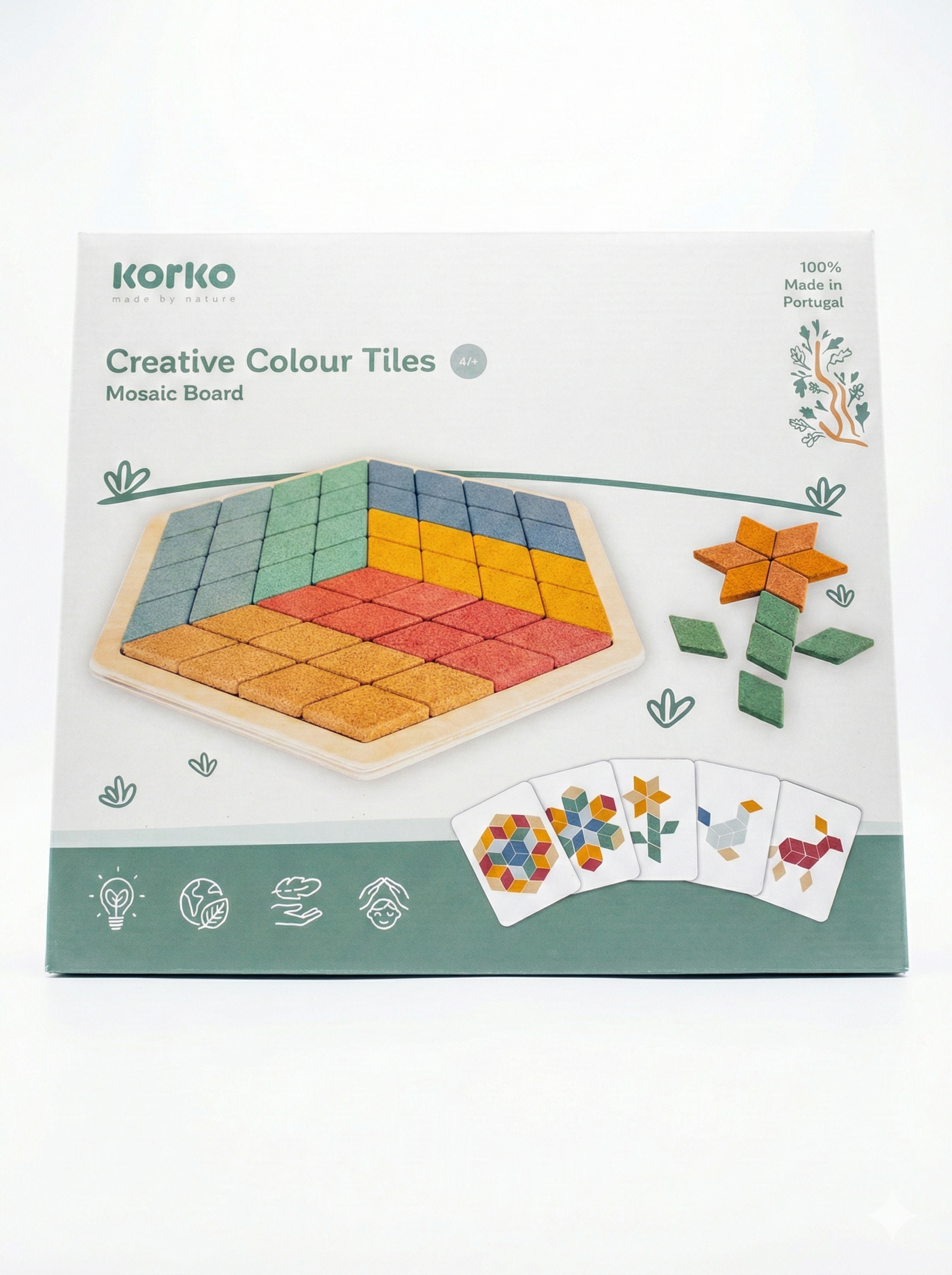Mosaik-Kunst für kleine Hände! 48 bunte Kork-Rauten mit Vorlagen fördern spielerisch Konzentration, Mustererkennung und Symmetrieverständnis.