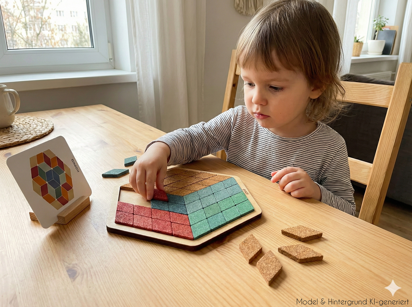 Mosaik-Kunst für kleine Hände! 48 bunte Kork-Rauten mit Vorlagen fördern spielerisch Konzentration, Mustererkennung und Symmetrieverständnis.