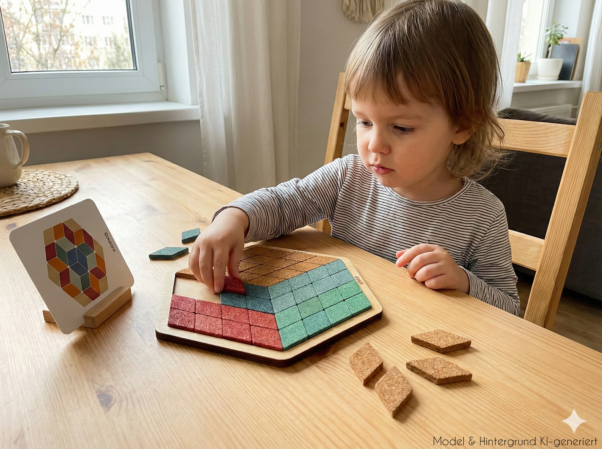 Mosaik-Kunst für kleine Hände! 48 bunte Kork-Rauten mit Vorlagen fördern spielerisch Konzentration, Mustererkennung und Symmetrieverständnis.