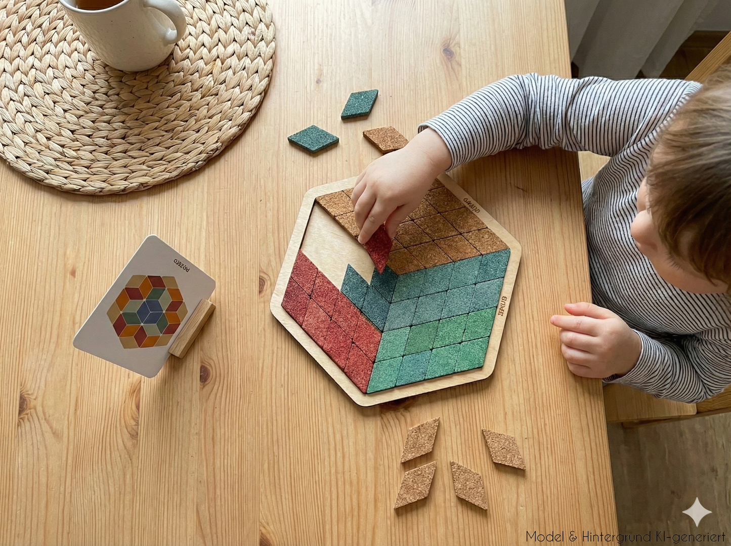 Mosaik-Kunst für kleine Hände! 48 bunte Kork-Rauten mit Vorlagen fördern spielerisch Konzentration, Mustererkennung und Symmetrieverständnis.