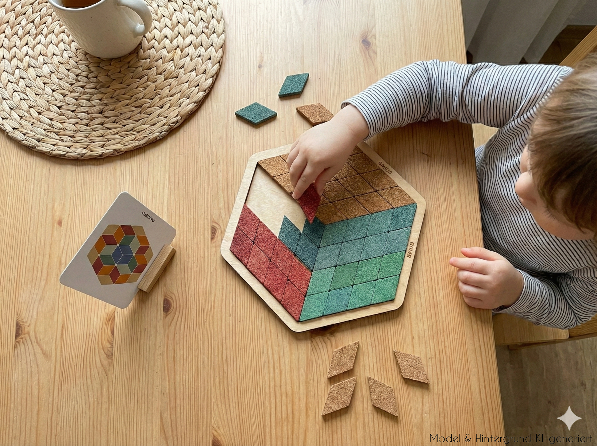 Mosaik-Kunst für kleine Hände! 48 bunte Kork-Rauten mit Vorlagen fördern spielerisch Konzentration, Mustererkennung und Symmetrieverständnis.
