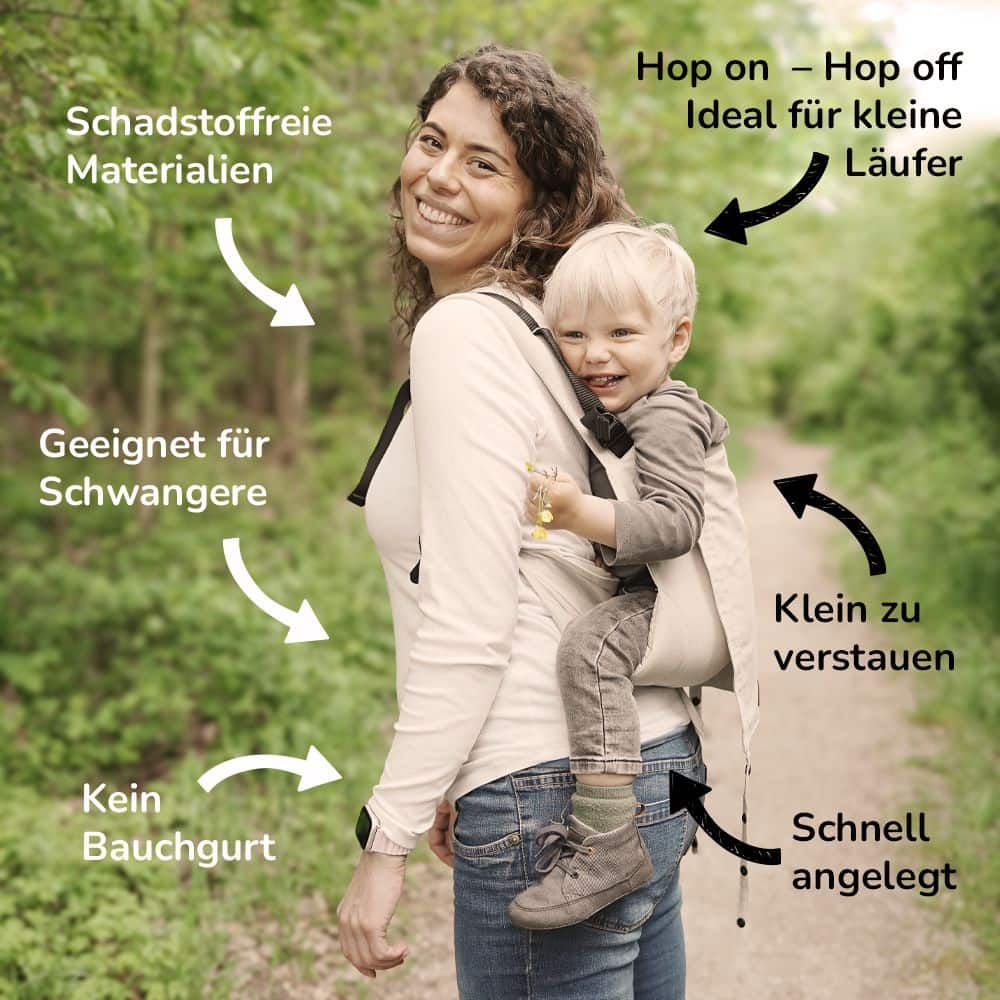 Mama, hoch! Mama, runter! Die schnelle Rucksack-Trage ohne Bauchgurt ist das kompakte Must-Have für Laufkinder und ideal in der Schwangerschaft.