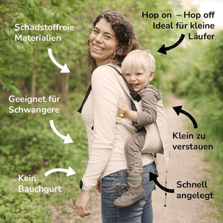Mama, hoch! Mama, runter! Die schnelle Rucksack-Trage ohne Bauchgurt ist das kompakte Must-Have für Laufkinder und ideal in der Schwangerschaft.