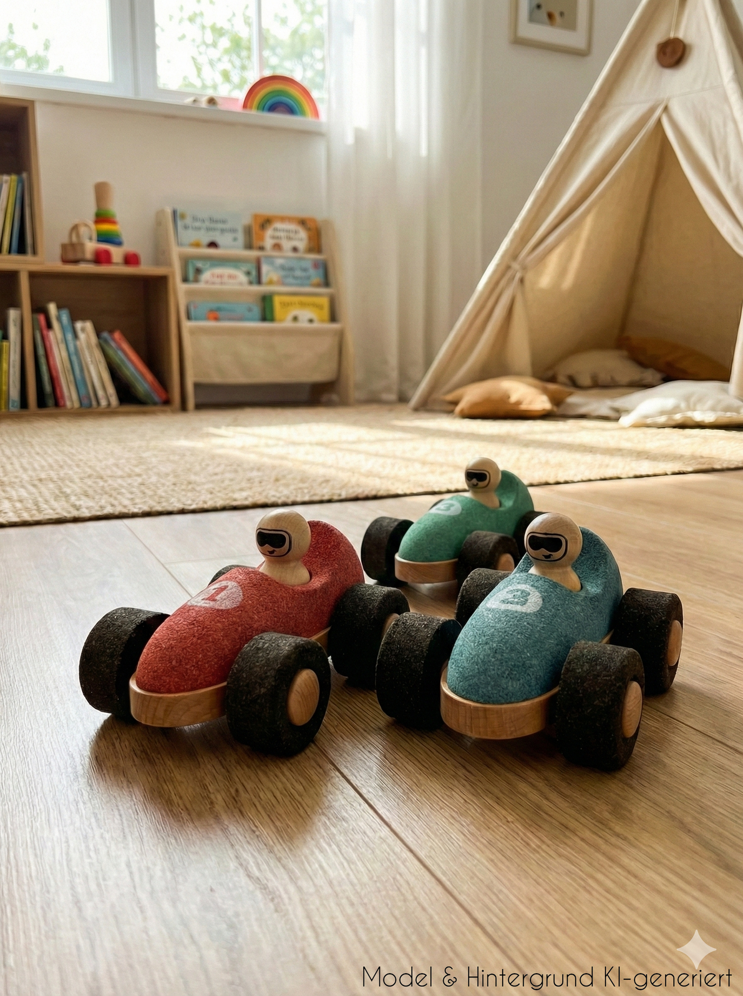 Startschuss für den leisen Flitzer! Der griffige Spielzeug-Rennwagen aus Kork und Holz schont Ohren sowie Fußböden und ist extrem leicht zu greifen.