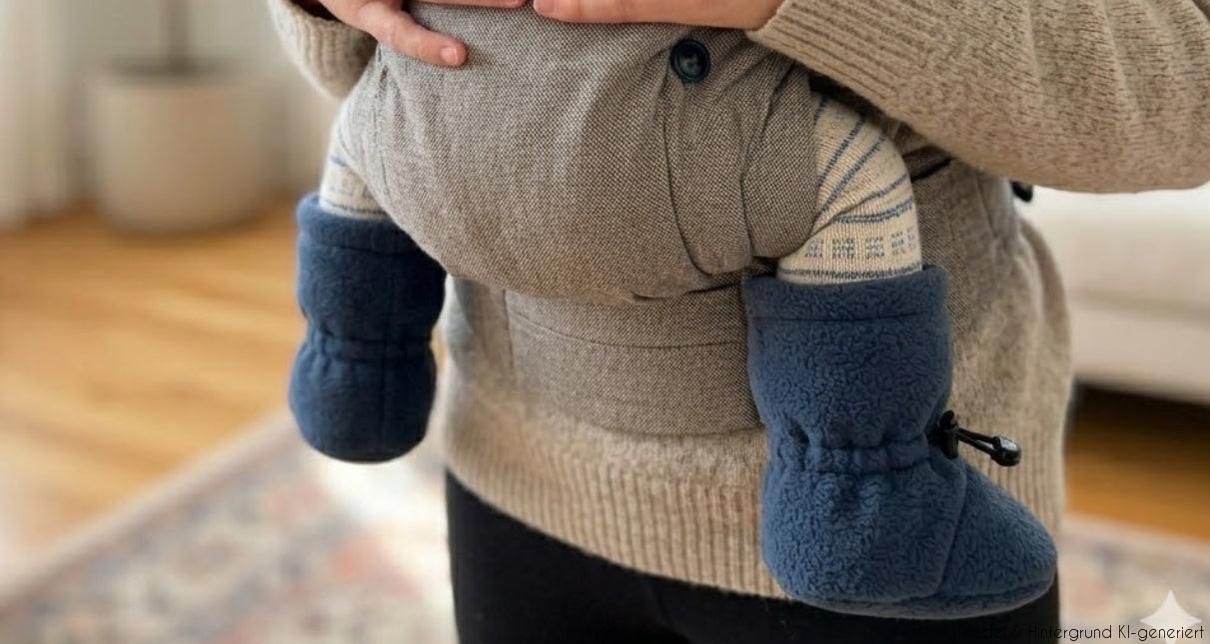 Schluss mit abgestrampelten Socken! Die weichen Fleece-Schühchen mit sicherem Kordelstopper halten Babys Füßchen im Kinderwagen und der Trage warm.