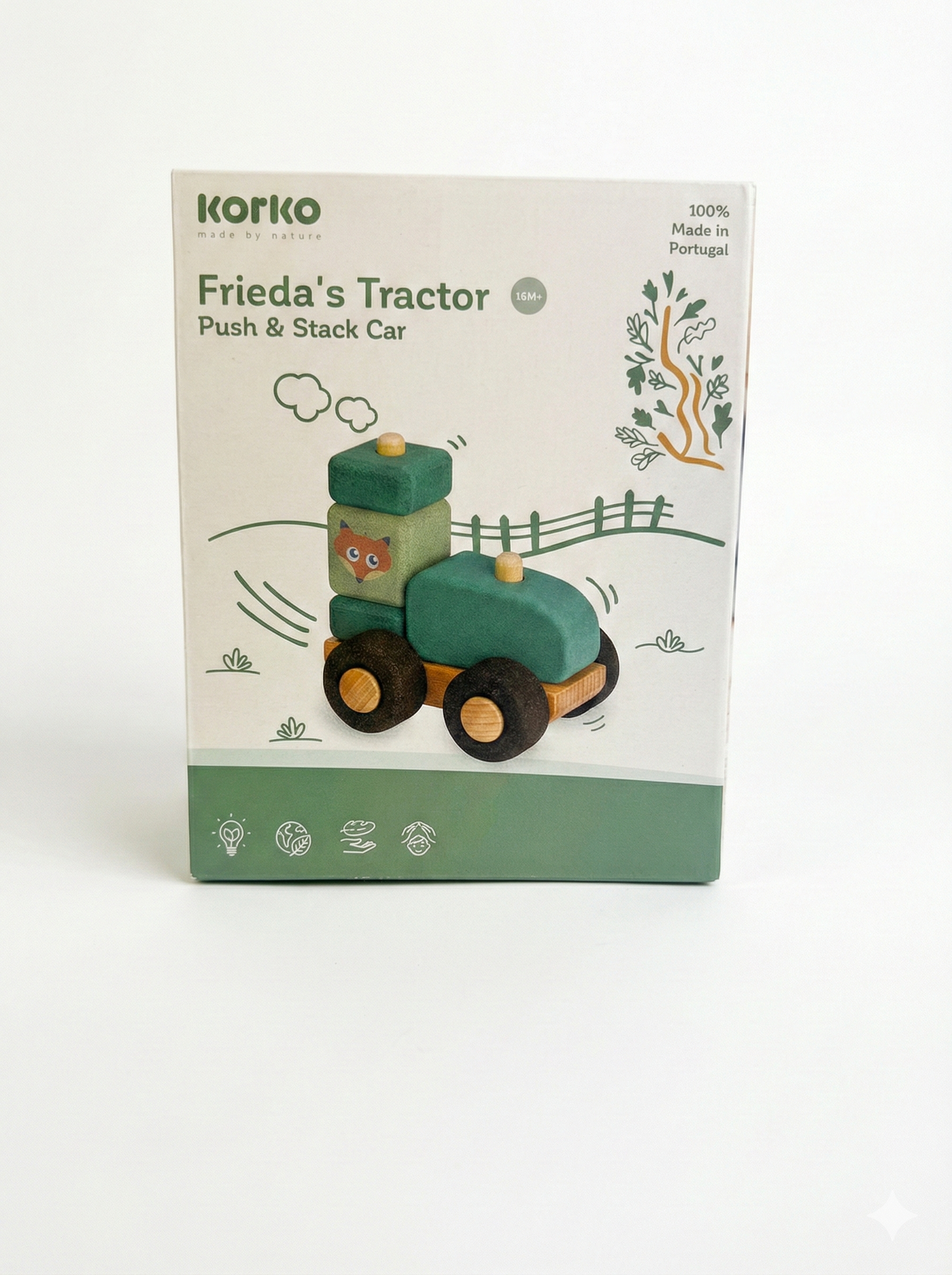 Landluft schnuppern ohne Lärm! Der robuste Traktor aus Naturkork mit Anhänger und Farmerin fährt flüsterleise und ist ideal für kleine Hände.
