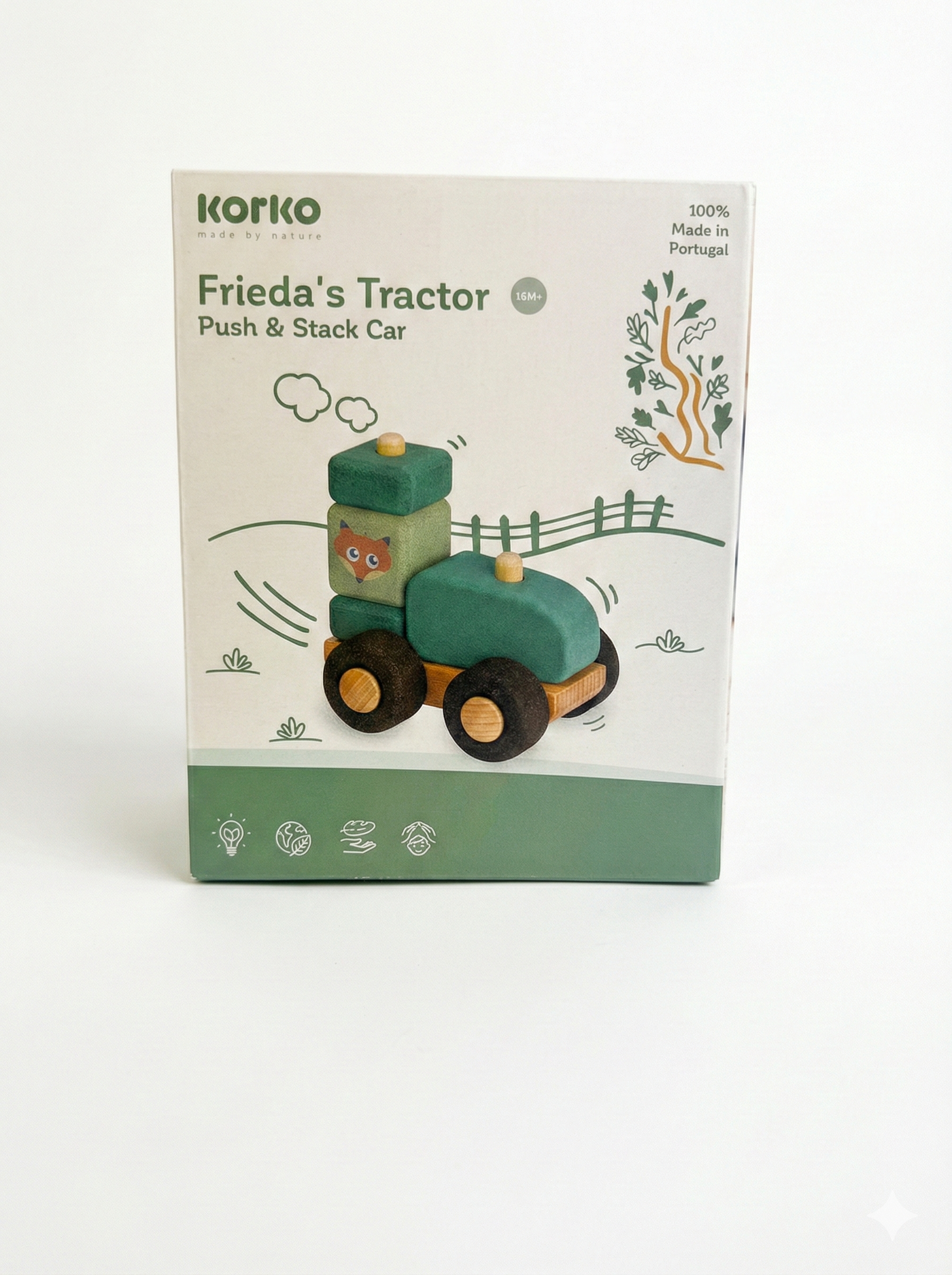 Landluft schnuppern ohne Lärm! Der robuste Traktor aus Naturkork mit Anhänger und Farmerin fährt flüsterleise und ist ideal für kleine Hände.