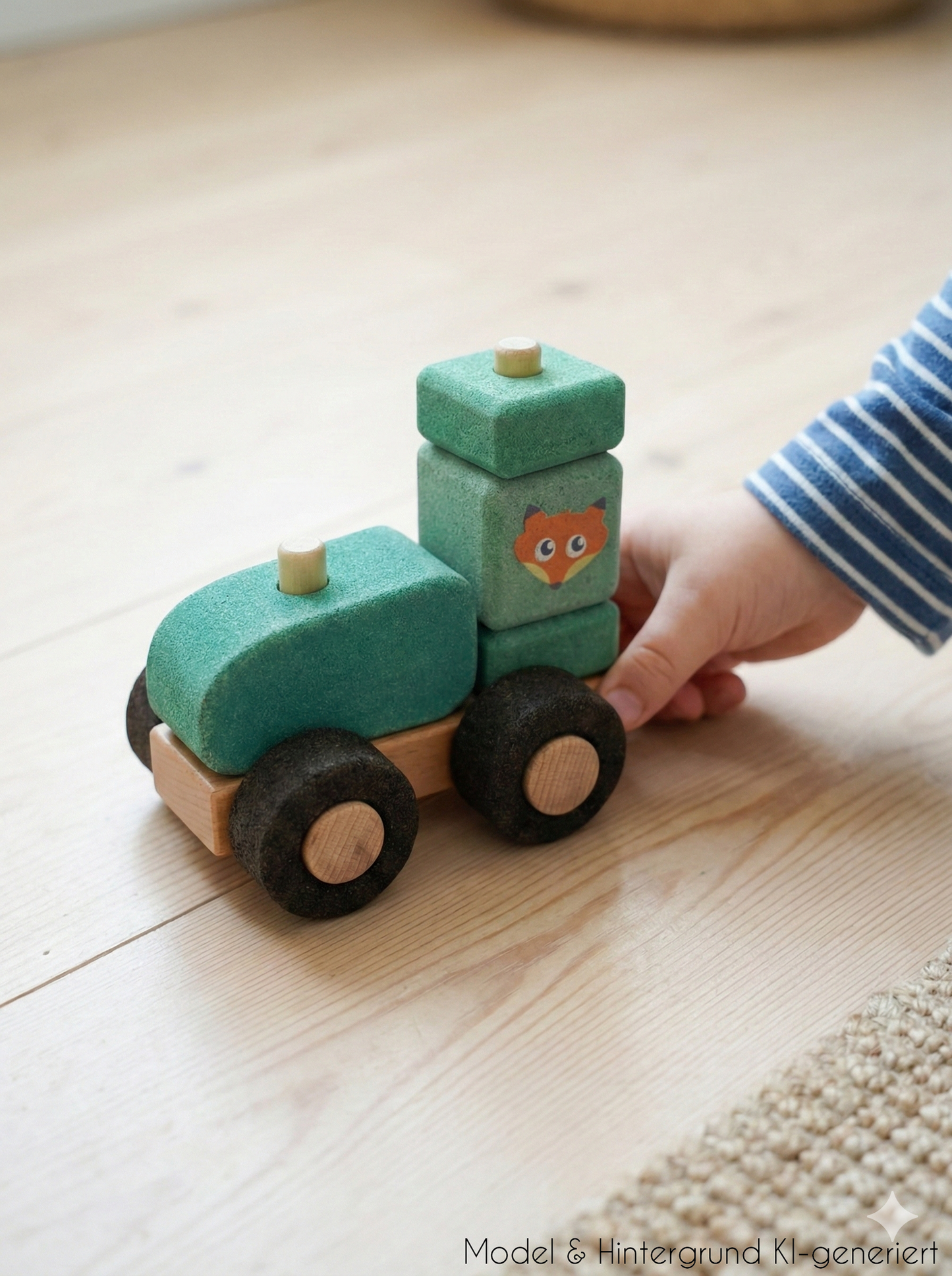 Landluft schnuppern ohne Lärm! Der robuste Traktor aus Naturkork mit Anhänger und Farmerin fährt flüsterleise und ist ideal für kleine Hände.