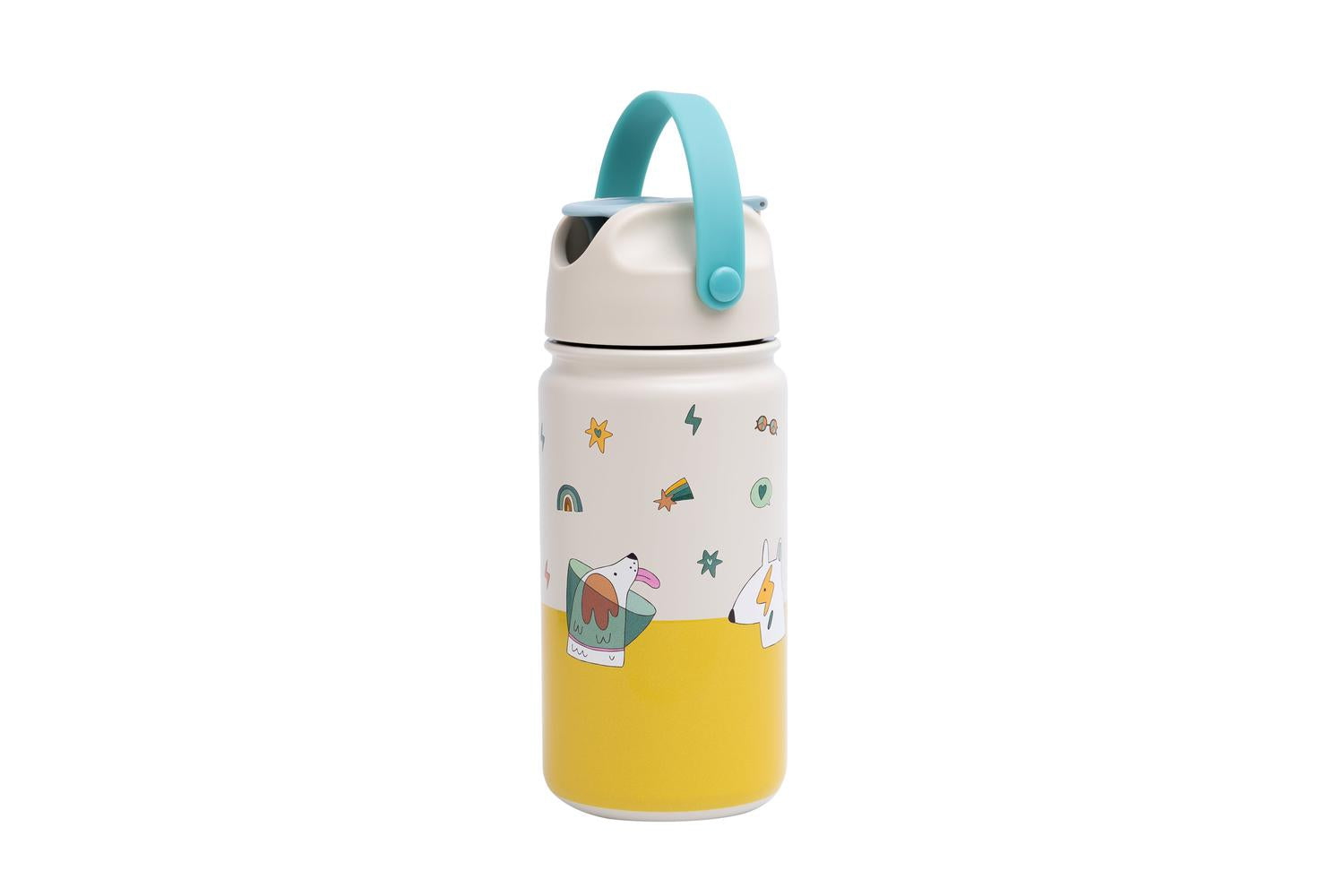 Auslaufsicher und robust! Die doppelwandige Thermo-Trinkflasche hält Getränke stundenlang kalt oder warm und lässt sich kinderleicht bedienen.