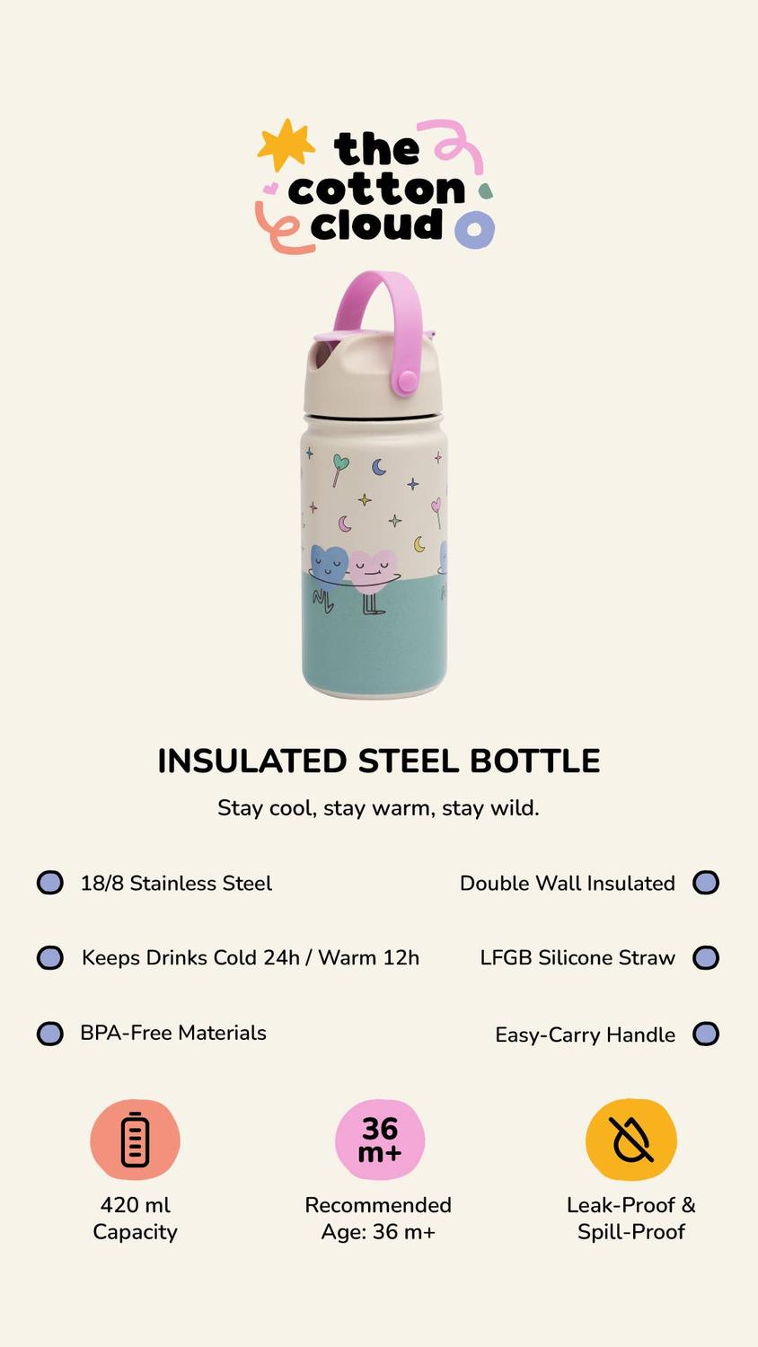 Auslaufsicher und robust! Die doppelwandige Thermo-Trinkflasche hält Getränke stundenlang kalt oder warm und lässt sich kinderleicht bedienen.