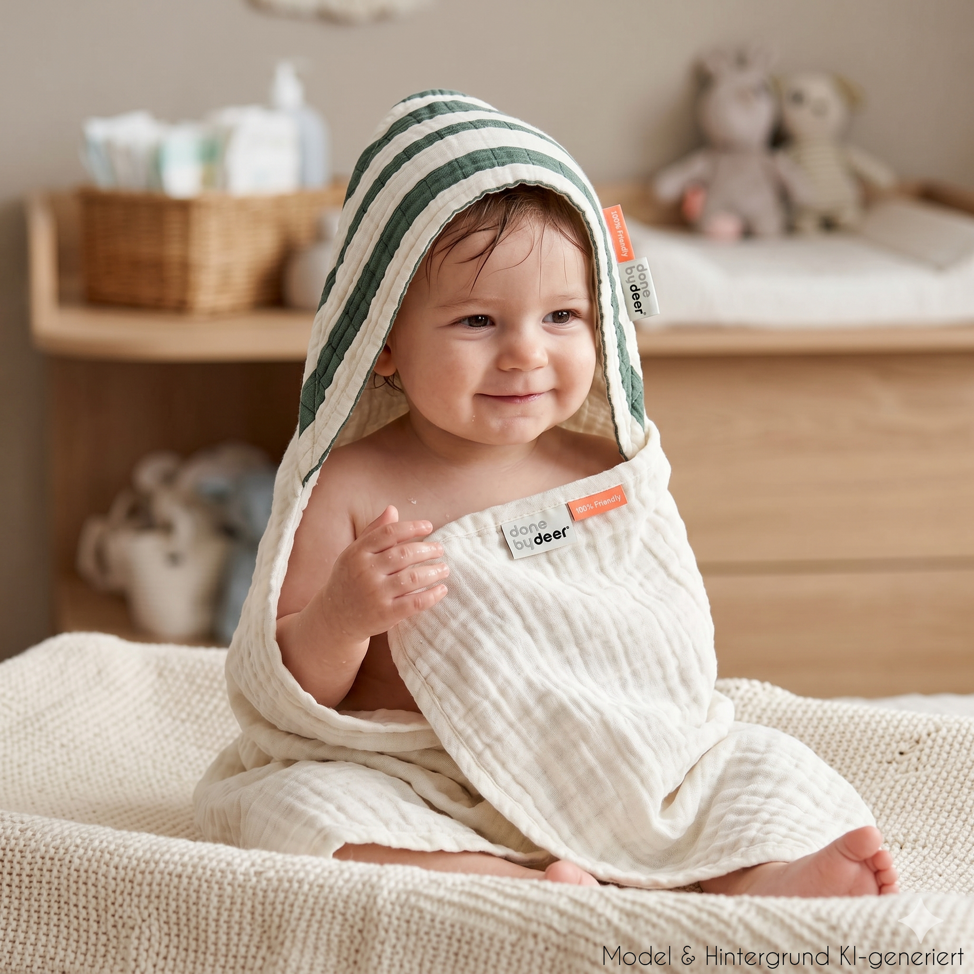 Hüllt dein Baby sanft wie eine Wolke ein. Das saugstarke, mehrlagige Musselin-Badetuch aus 100% Bio-Baumwolle hält das Köpfchen nach dem Baden warm.