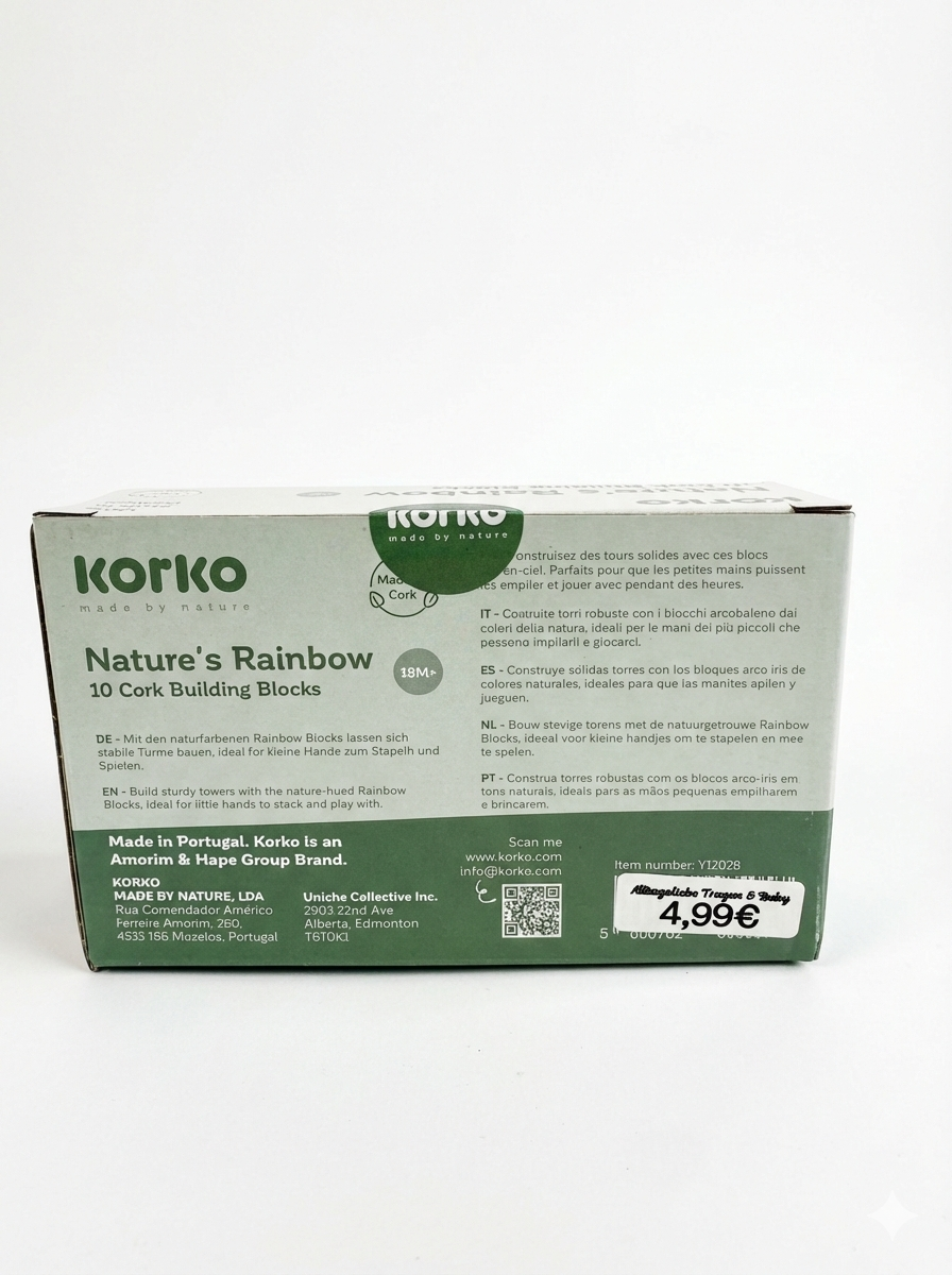 Farben und Balance lernen ohne Lärm! Der griffige Stapelturm aus buntem Naturkork fällt weich und völlig lautlos – perfekt für kleine Entdecker.