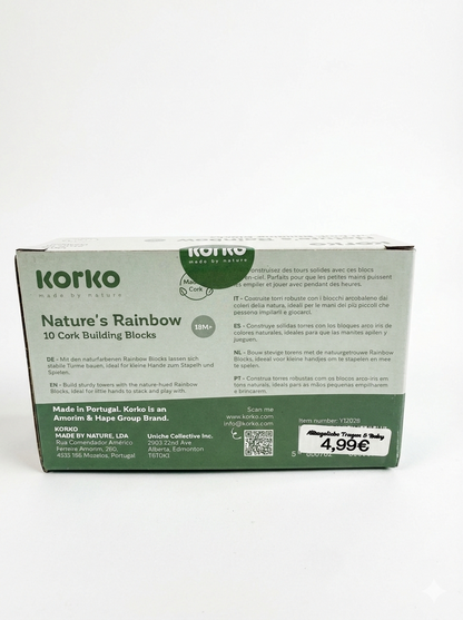 Farben und Balance lernen ohne Lärm! Der griffige Stapelturm aus buntem Naturkork fällt weich und völlig lautlos – perfekt für kleine Entdecker.