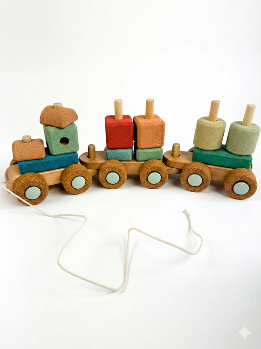 Die leiseste Eisenbahn der Welt! Das kreative Bauset aus weichem Kork lässt kleine Lokführer eigene Züge bauen, ganz ohne Lärm und Kratzer im Boden.