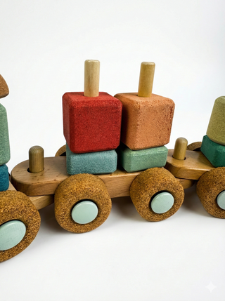 Die leiseste Eisenbahn der Welt! Das kreative Bauset aus weichem Kork lässt kleine Lokführer eigene Züge bauen, ganz ohne Lärm und Kratzer im Boden.