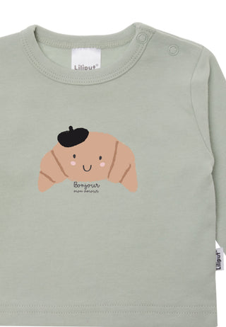 Liliput Langarmshirt in schilf mit "Bonjour mon amour" Croissant-Print – 100% Baumwolle, weich & mit Druckknöpfen. Größen 50/56–86/92. Jetzt entdecken!