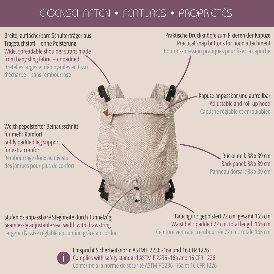 Schluss mit Stress beim Anlegen! Die Primeo Full-Buckle lässt sich bequem voreinstellen und wie ein Rucksack anziehen – perfekt für unruhige Babys.