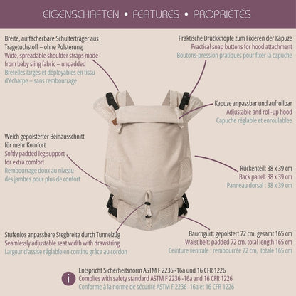 Schluss mit Stress beim Anlegen! Die Primeo Full-Buckle lässt sich bequem voreinstellen und wie ein Rucksack anziehen – perfekt für unruhige Babys.