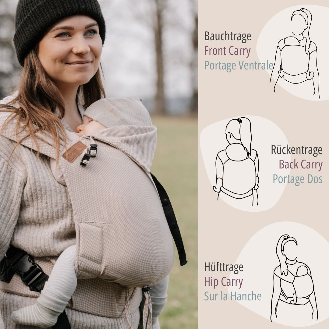 Schluss mit Stress beim Anlegen! Die Primeo Full-Buckle lässt sich bequem voreinstellen und wie ein Rucksack anziehen – perfekt für unruhige Babys.