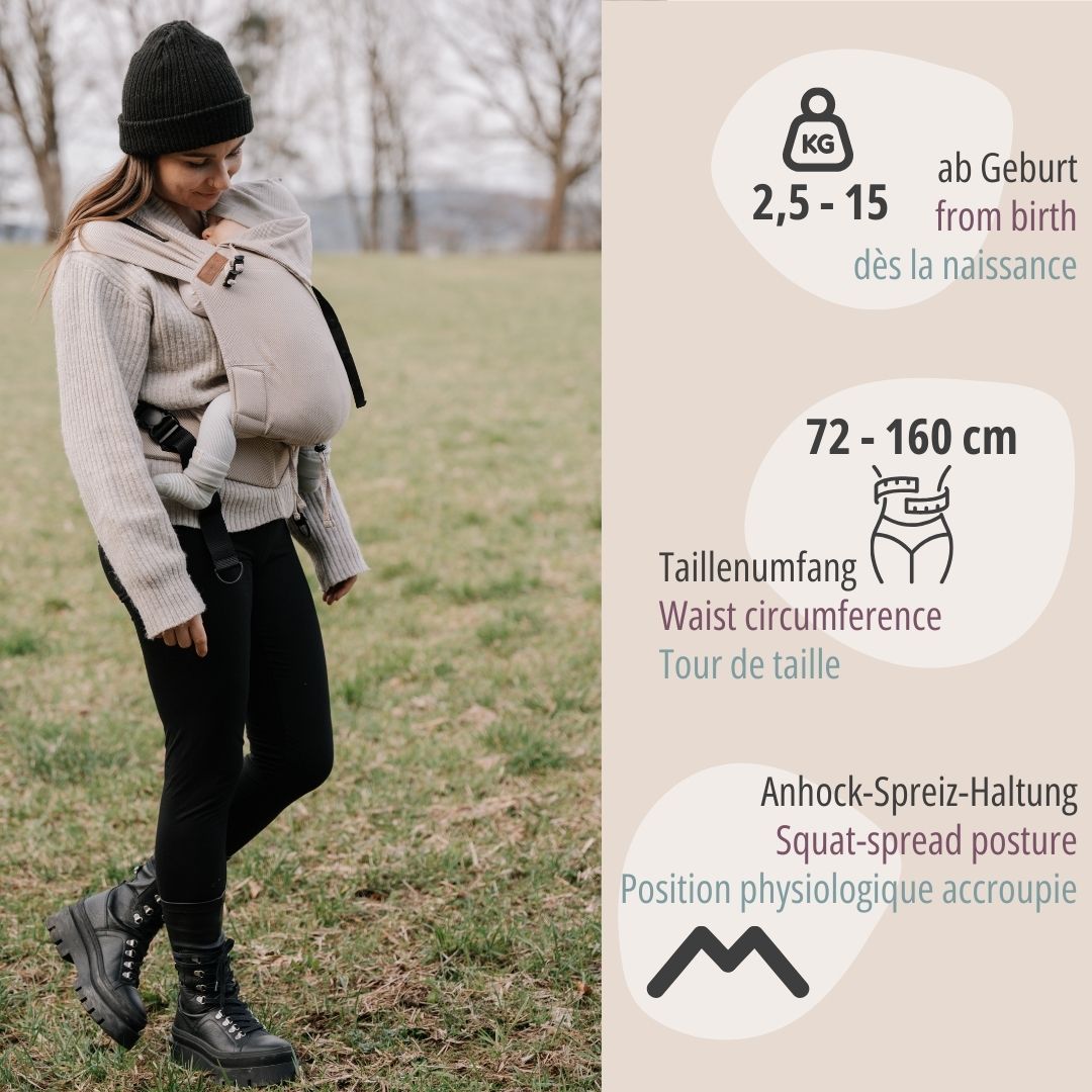 Schluss mit Stress beim Anlegen! Die Primeo Full-Buckle lässt sich bequem voreinstellen und wie ein Rucksack anziehen – perfekt für unruhige Babys.