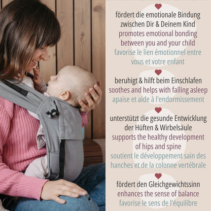 Schluss mit Stress beim Anlegen! Die Primeo Full-Buckle lässt sich bequem voreinstellen und wie ein Rucksack anziehen – perfekt für unruhige Babys.