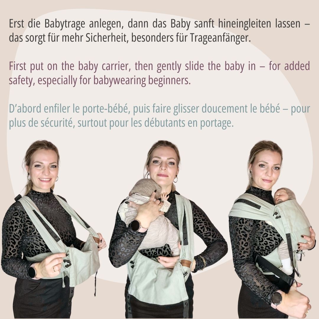 Schluss mit Stress beim Anlegen! Die Primeo Full-Buckle lässt sich bequem voreinstellen und wie ein Rucksack anziehen – perfekt für unruhige Babys.