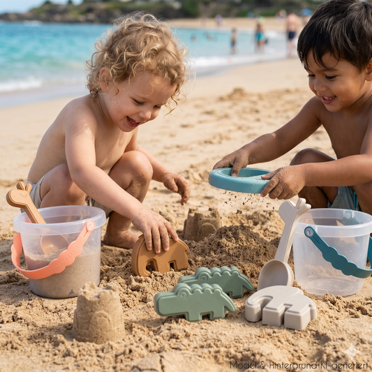 Bereit für die Buddelkiste! Das robuste Sand-Set in dänischem Design hält jedem Strandabenteuer stand und fördert die motorischen Fähigkeiten deines Kindes.