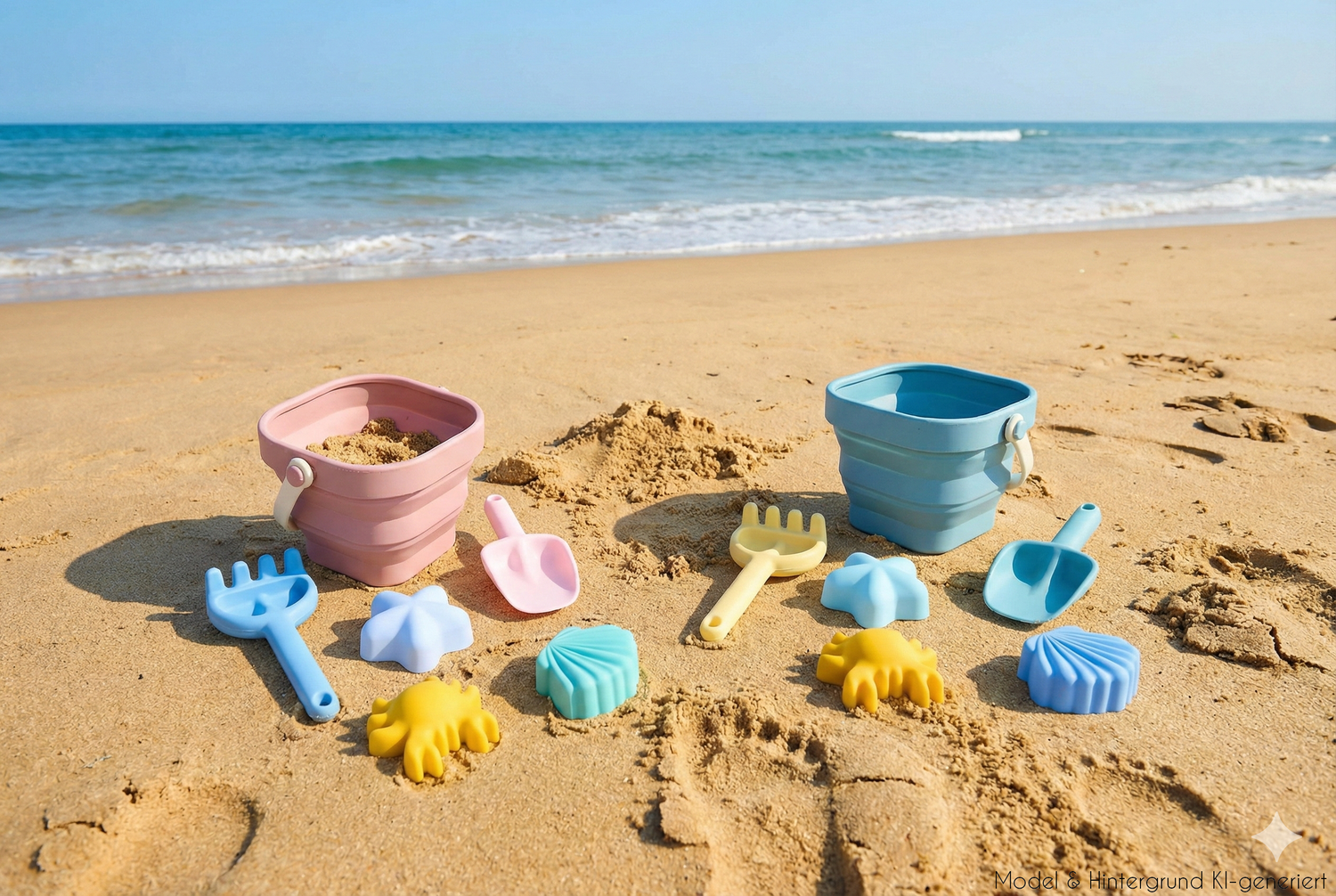 Unkaputtbarer Spielspaß für den Sandkasten! Das weiche Strandset aus 100% Silikon lässt sich platzsparend falten und ist sicher für kleine Hände.