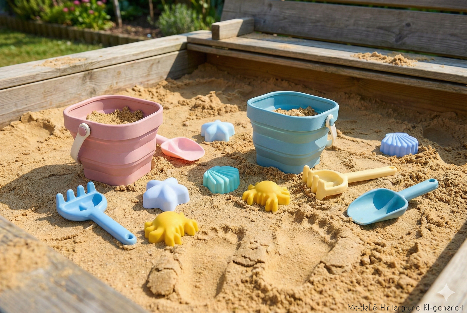 Unkaputtbarer Spielspaß für den Sandkasten! Das weiche Strandset aus 100% Silikon lässt sich platzsparend falten und ist sicher für kleine Hände.
