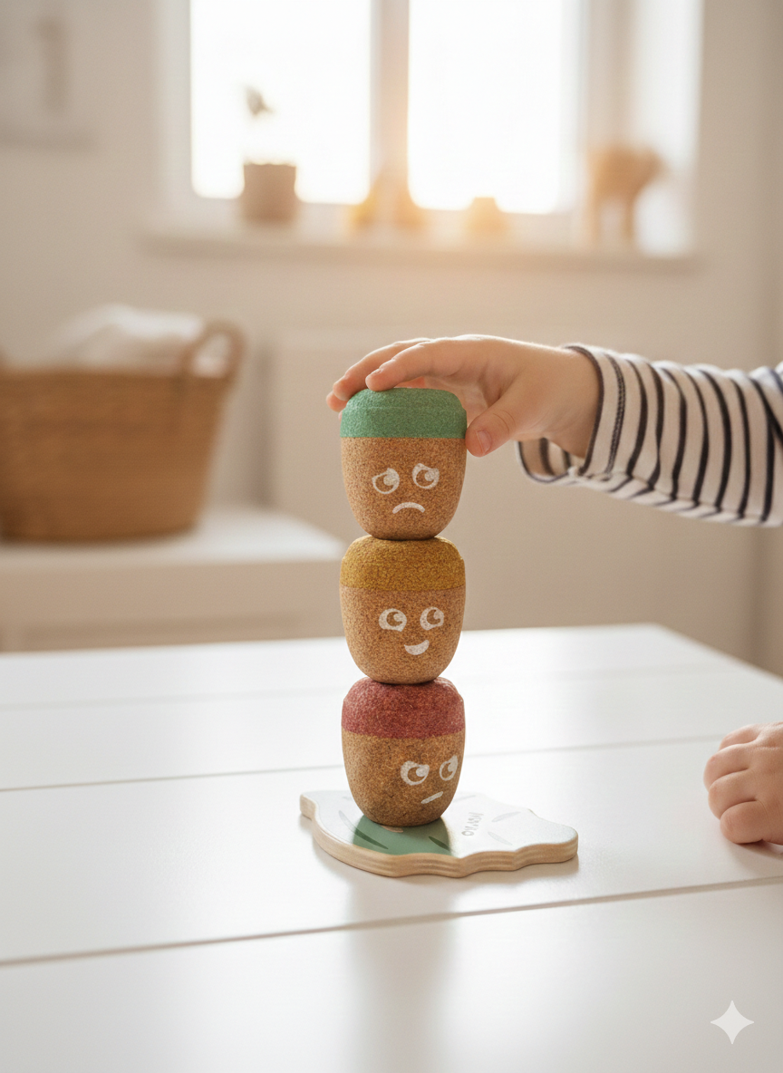 Wie fühlst du dich heute? Stapelbare Kork-Gesichter helfen Kleinkindern spielerisch, Emotionen zu verstehen, zu benennen und die Motorik zu trainieren.