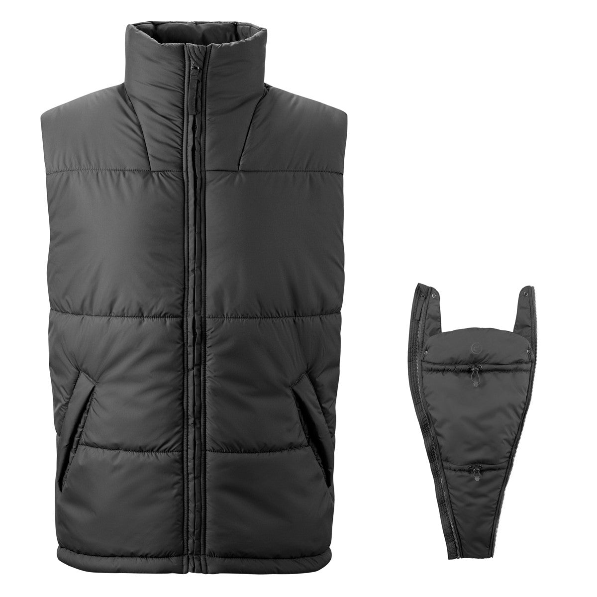 Der stylische Zwiebel-Look! Die warm wattierte Unisex-Trageweste im lässigen Oversized-Style passt dank weitenregulierbaren Reißverschlüssen für Mamas und Papas.