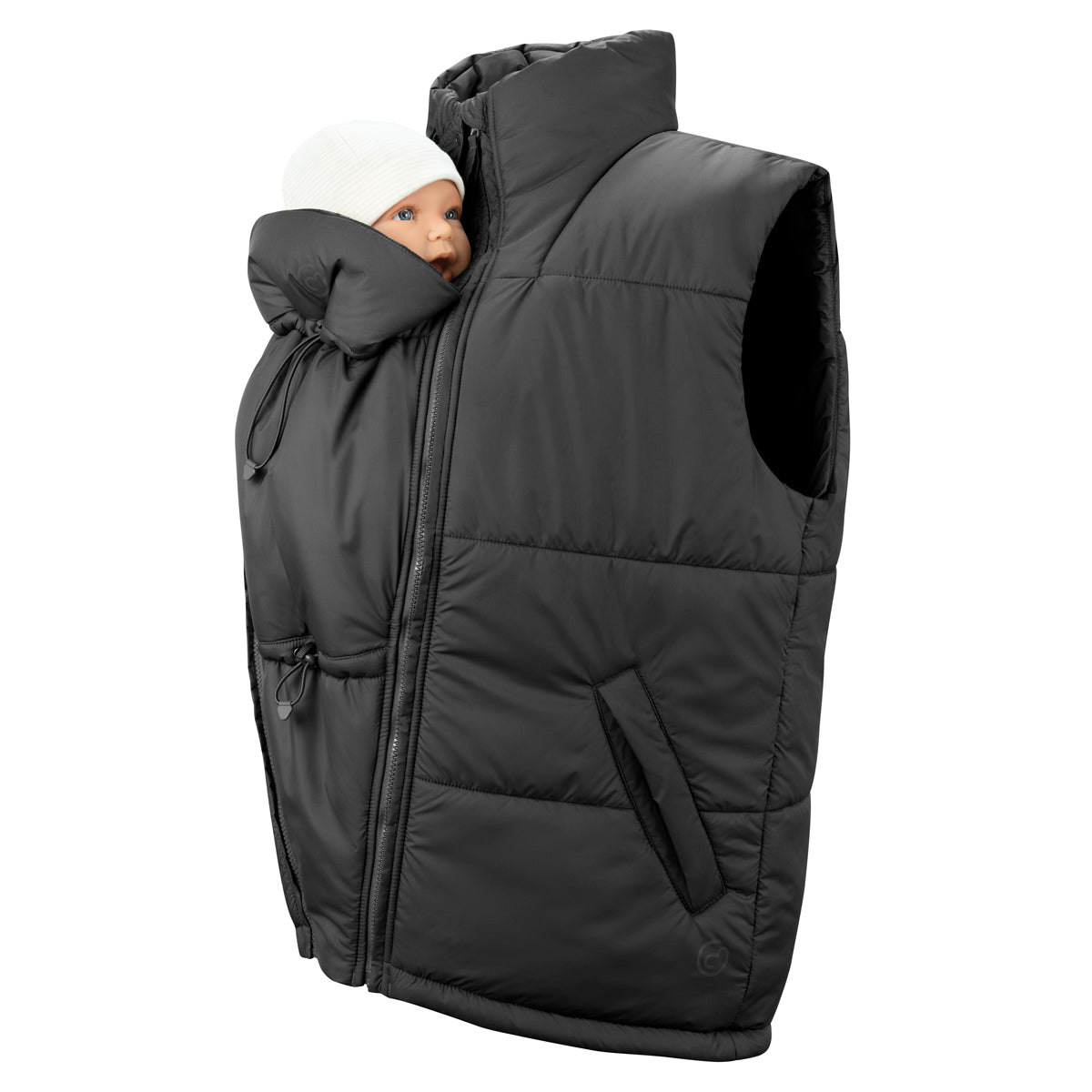 Der stylische Zwiebel-Look! Die warm wattierte Unisex-Trageweste im lässigen Oversized-Style passt dank weitenregulierbaren Reißverschlüssen für Mamas und Papas.