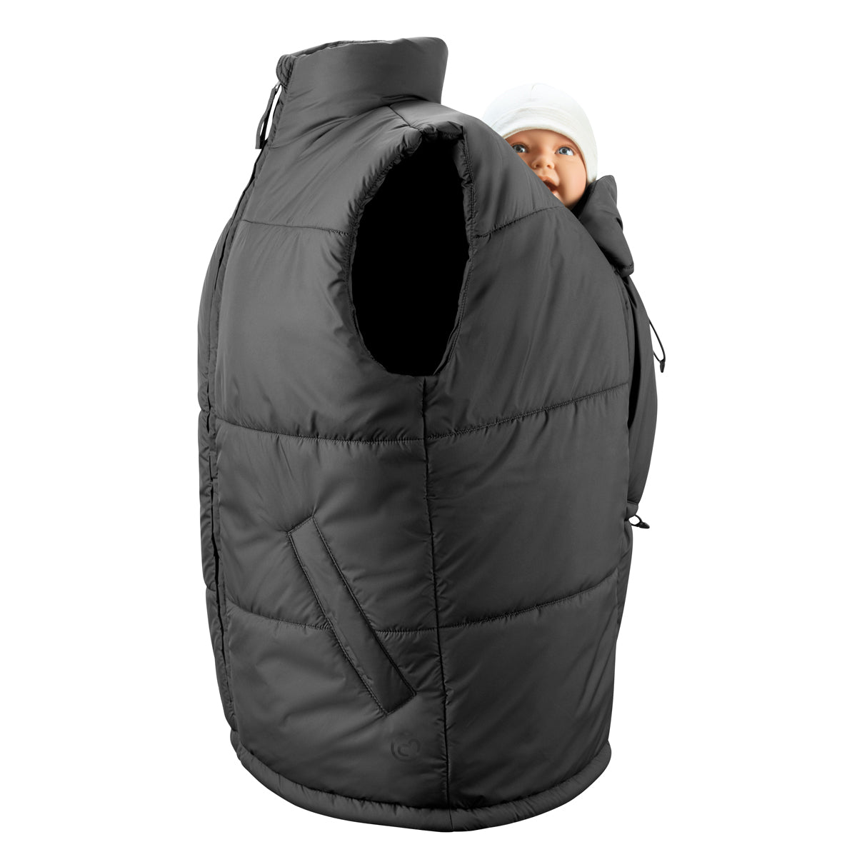 Der stylische Zwiebel-Look! Die warm wattierte Unisex-Trageweste im lässigen Oversized-Style passt dank weitenregulierbaren Reißverschlüssen für Mamas und Papas.