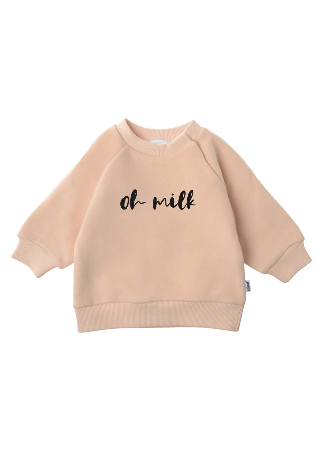 Das Must-Have für kleine Milch-Fans! Das trendige beige Sweatshirt mit humorvollem """"Oh Milk""""-Statement überzeugt durch extra weichen Tragekomfort.""