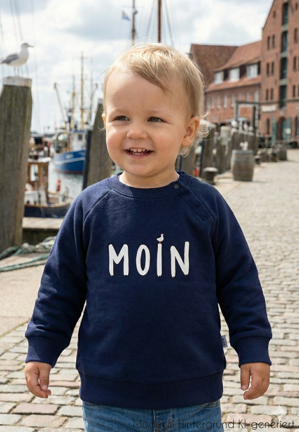 Ein klares Statement aus dem Norden! Das lässige blaue Sweatshirt mit kultigem """"Moin""""-Schriftzug ist kuschelig weich angeraut und super bequem.""