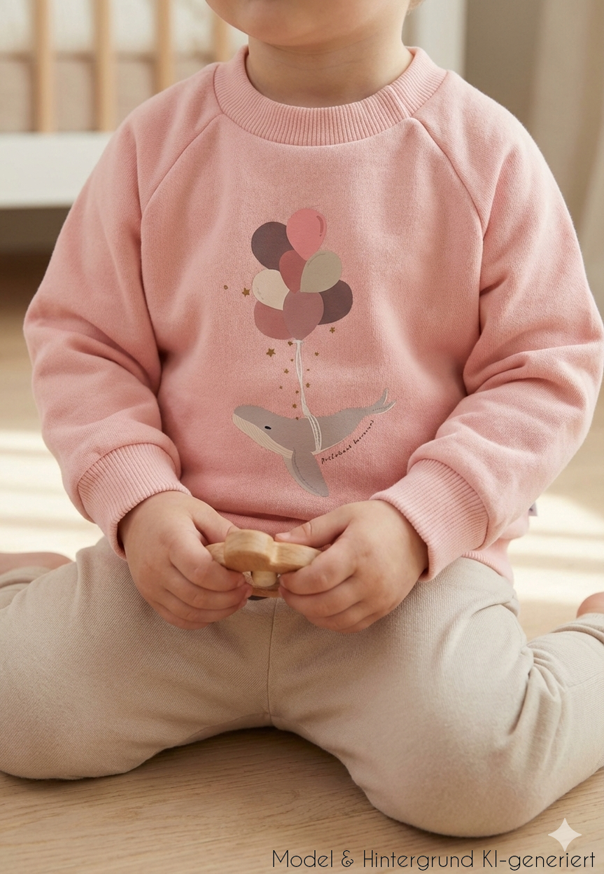 Der maritime Begleiter für kalte Tage! Das weiche Sweatshirt in zartem Dusty Pink mit niedlichem Wal-Print hält kleine Ozean-Entdecker kuschelig warm.