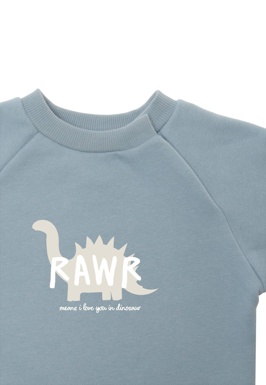 Gefährlich niedlich! Das hellblaue Langarm-Sweatshirt mit starkem Dino-Print wärmt zuverlässig an kühlen Tagen und macht kleine Urzeit-Fans glücklich.