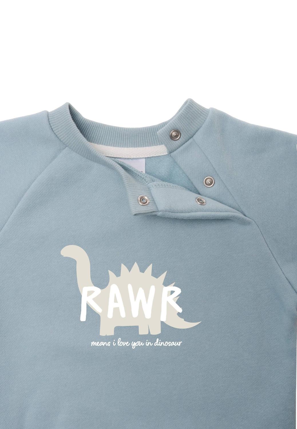 Gefährlich niedlich! Das hellblaue Langarm-Sweatshirt mit starkem Dino-Print wärmt zuverlässig an kühlen Tagen und macht kleine Urzeit-Fans glücklich.