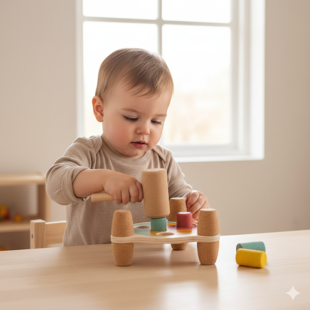 Hämmern ohne Kopfschmerzen für die Eltern! Die flüsterleise Klopfbank mit bunten Kork-Stiften schont die Nerven, den Fußboden und kleine Finger.