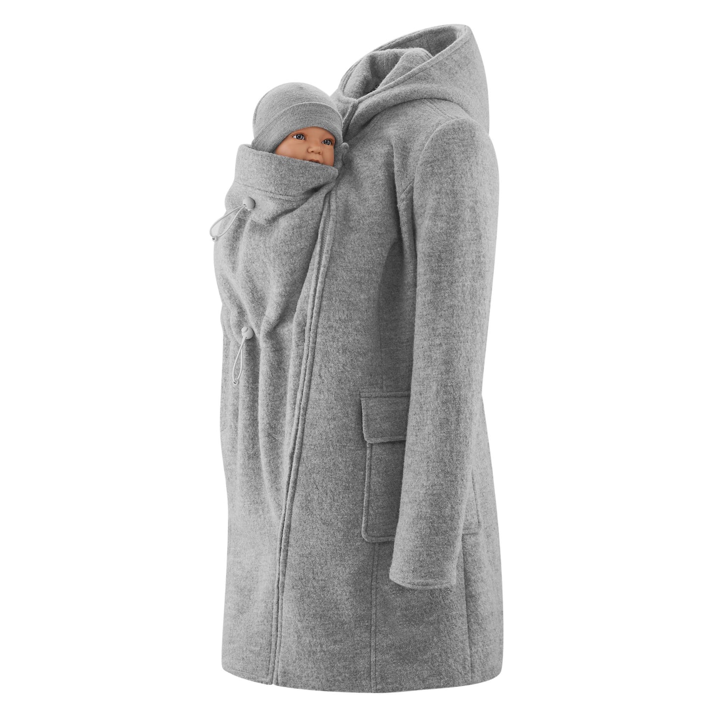 Eleganz trifft Naturfaser. Der edle 4-in-1 Wintermantel aus reinem Wollwalk ist klimaregulierend, schmutzabweisend und wärmt wunderbar beim Babytragen.